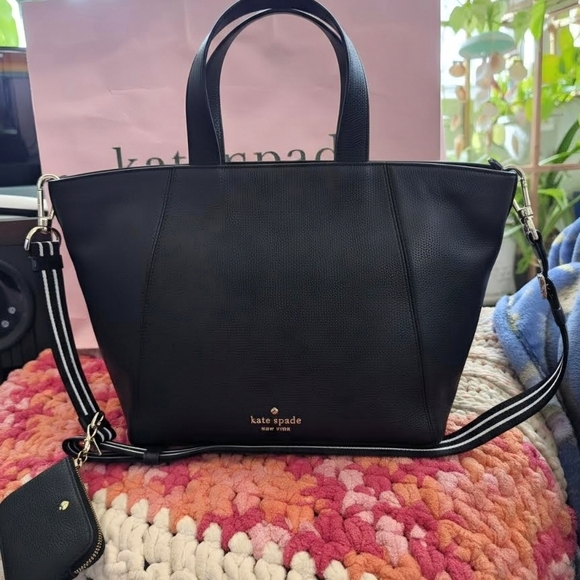 kate spade Handbags - kate spade Black Leather Tote with Striped Detachable Strap